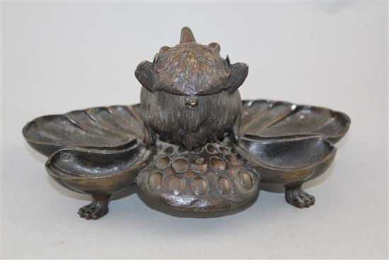 A late 19th century Continental bronze inkstand, 9.5in.